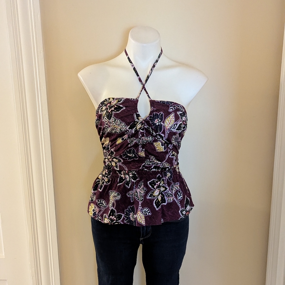 LOFT purple, black and yellow floral print halter top size XS